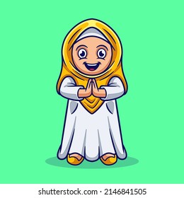 Cute Girl Muslim Celebrating Eid Mubarak Cartoon Illustration. Ramadan Kareem Illustration Concept