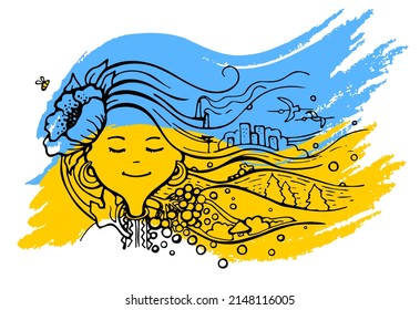 Cute girl in national clothes with a flower and a landscape of the country of Ukraine in long flowing hair and storks against the background of a yellow-blue flag