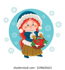 A cute girl in national northern winter clothes holds a festive basket with tomatoes and Christmas tree branches in her hands