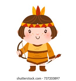 Cute girl native Indian American, costume for Thanksgiving day, cartoon character, vector, isolated illustration on a white background.