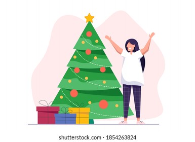 Cute girl near the tree with christmas gift . Christmas and New Year card