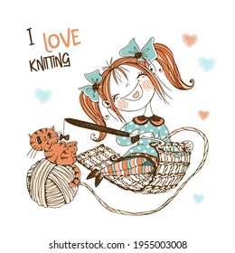 Cute girl needlewoman with a cat knits crochet. Vector.