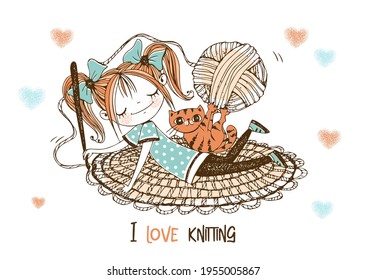 Cute girl needlewoman crochets a rug. Vector.