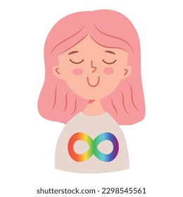 Cute girl with Neurodiversity symbol icon - vector rainbow gradient infinity sign. clip art character for poster, banner, greeting card design. autism awareness.