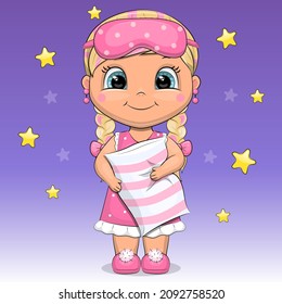 Cute Girl In Nightgown And Night Eye Mask Holds A Pillow. Vector Illustration On A Blue Background With Stars.