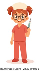 cute girl nurse in pink medical suit, with syringe in hands, helps doctors, flat