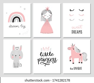 Afiches de niñera para habitación de bebé, tarjeta de saludo, invitaciones para ducha de bebé. Pequeña princesa, unicornio, conejito, arcoiris. Ilustración vectorial dibujada a mano para impresiones, tarjetas, prendas de vestir.