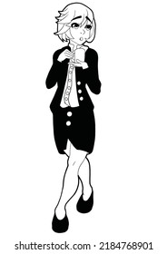 A cute girl office worker drawn in a cartoon anime and manga style stands and holds a mug in her hands, she is dressed in an office suit outline drawing coloring book with shadows