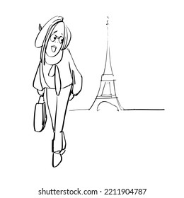 Muchacha linda en el fondo de la Torre Eiffel. Un boceto dibujado a mano. Ilustración del vector