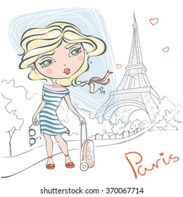 Cute girl on background of Eiffel tower. Trip to France Paris.  Vector illustration in cartoon style in Paris. Art in Paris. European vacation in France. Girl with sunglasses and suitcase