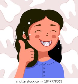 Cute girl on the background of teeth smiles and shows braces, illustration of a girl with braces, even teeth and a wide smile. The trend of flat design character, smile and braces. Concept of dental c