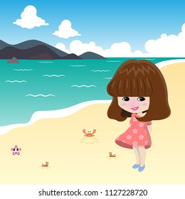 Cute girl on the beach. Vector cartoon.