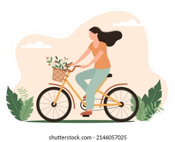 Cute girl on a bicycle with a bouquet of flowers in the front basket. Charming woman on a bicycle. Vector illustration