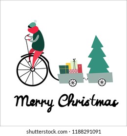 Cute girl on bicycle carring christmas tree and colorful gift boxes. Shopping spree. Happy holidays concept