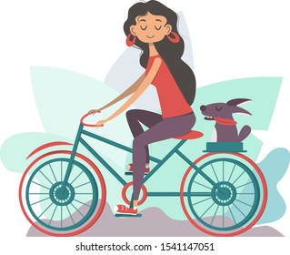 
Cute girl on a bicycle with a dog in a flat style. A bike ride with your pet.