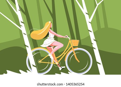 Cute girl on bike vector illustration. Pretty young woman riding in park flat style concept. Female with nice long hair wearing beautiful summer dress bicycling