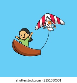 Cute Girl On Boat With Flying Cat Cartoon Vector Icon Illustration. Animal Sport Icon Concept Isolated Premium Vector.