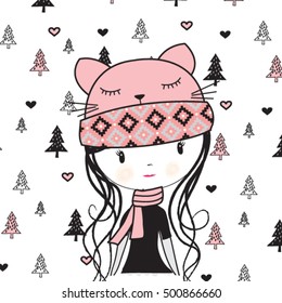 cute girl on christmas pattern background, fashion for girls, T-shirt graphics for kids vector illustration, 