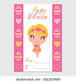 Cute girl on cupcake border vector cartoon illustration for Happy Valentine card design, postcard, and wallpaper