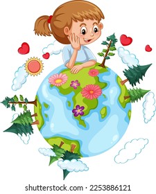 Cute girl on earth planet cartoon illustration