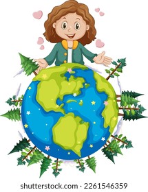 Cute girl on earth planet cartoon illustration