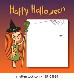 Cute girl on a festive background. Romantic postcard for Halloween. Funny character in the witch costume and template for text. Vector illustration.