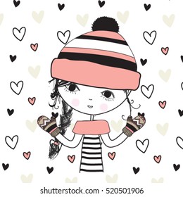 cute girl on hearts background pattern, fashion for girls, T-shirt graphics for kids vector illustration