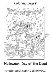 Cute girl on a horse and a boy with a guitar celebrate Day of the Dead in Mexico. Halloween concept. Coloring book page for children. Vector cartoon illustration. For print, decor, education and game