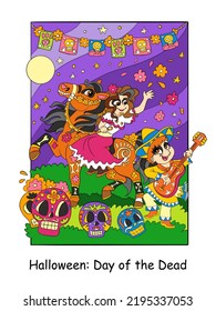 Cute girl on a horse and a boy with a guitar celebrate Day of the Dead in Mexico. Halloween concept for children. Vector cartoon illustration. For print, decor, education and game
