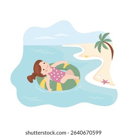 Cute girl on inflatable ring swims in the sea. little kid using swim ring for swimming. Tropical beach, seashore. Summer time, vacation. flat vector illustration