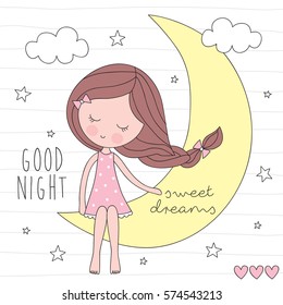 cute girl on the moon vector illustration