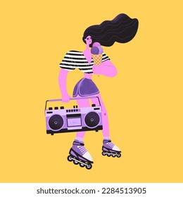 Cute girl on roller skates with ice cream and tape recorder. Entertainment in retro style. Lifestyle illustration with funny cartoon character