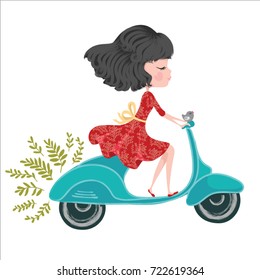 linda chica en ilustración vectorial de scooter. Ilustración infantil para libros escolares y más. Separación de objetos.Dibujo de camisetas.Niña de dibujos animados.Niña de moda.Para prendas u otros usos, en vectorial.Princesa impresión