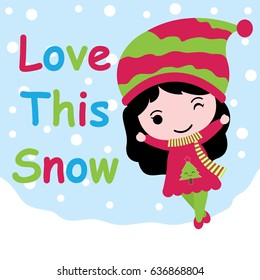 Cute girl on snow background vector cartoon, Xmas postcard, wallpaper, and greeting card, T-shirt design for kids