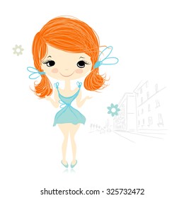 Cute girl on street, sketch for your design. Vector illustration