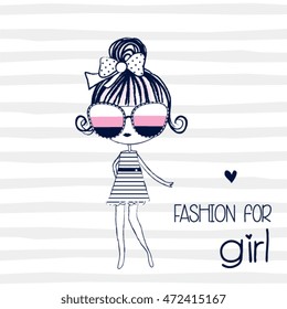 cute girl on striped background, fashion for girl, T-shirt design for girls vector illustration