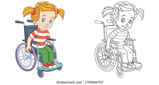 Cute Girl On Wheelchair. Disabled Child. Coloring Page And Colorful Clipart Character. Cartoon Design For T Shirt Print, Icon, Logo, Label, Patch Or Sticker. Vector Illustration.