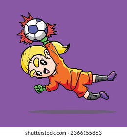 Cute Girl in Orange Jersey play soccer vector illustration. Woman Goalkeeper in football match. Goalkeeper jumping. Cute Woman Goalkeeper Vector Illustration.