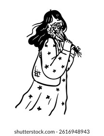 Cute girl outline sketch isolated. Woman with flowers, enjoying the season. Hand drawn vector doodle 