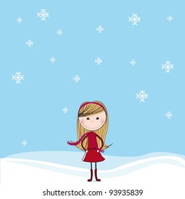 cute girl over snow, with snowflakes. vector illustration