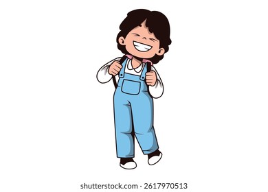 Cute Girl in Overalls Smiling Wide – Back to School Cartoon Illustration