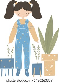 Cute girl in overalls with two ponytails. Items for a cozy, sweet home. home flowers and plants. Vector graphics, trend