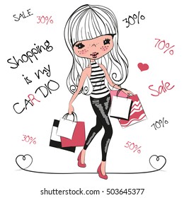 Cute girl with packages on a white background