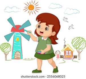 Cute girl paint drawings on wall using crayons cartoon of illustration