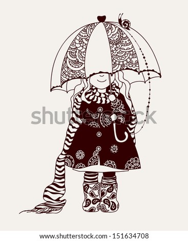 cute girl with painted patterns on clothing and an umbrella, vector illustration