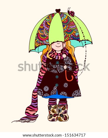 cute girl with painted patterns on clothing and an umbrella, vector illustration, bright colors