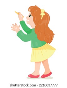 Cute girl painting drawings on wall. Schoolgirl with yellow pencil. Education, learning, creativity and art. Mock up, template and layout. Hobby and leisure. Cartoon flat vector illustration