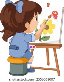 cute girl painting a flower on canvas of illustration