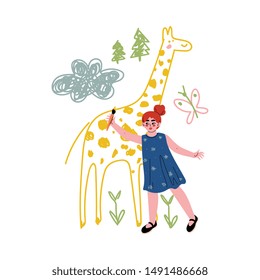 Cute Girl Painting Giraffe on Wall with Color Paints and Brush Vector Illustration