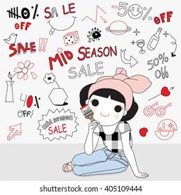 Cute Girl Painting Mid Season Sale Discounts Icon On Wall Character illustration